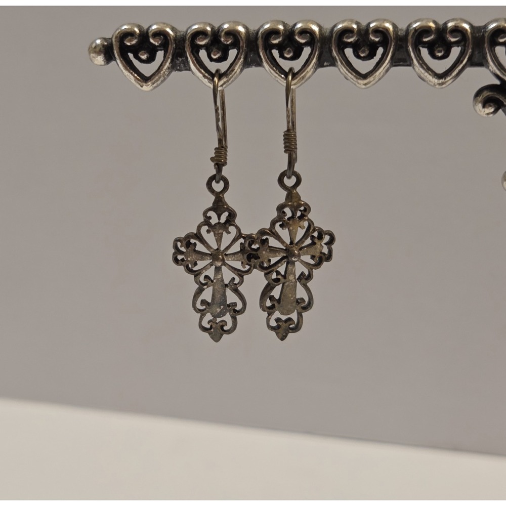 Vintage Sterling Silver Gothic Cross Dangle Earrings 925